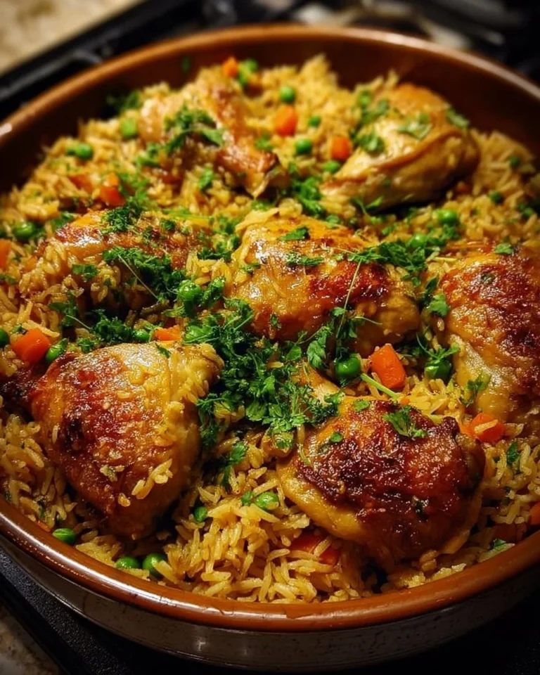 One Pot Chicken and Rice dish served in a skillet with herbs and spices
