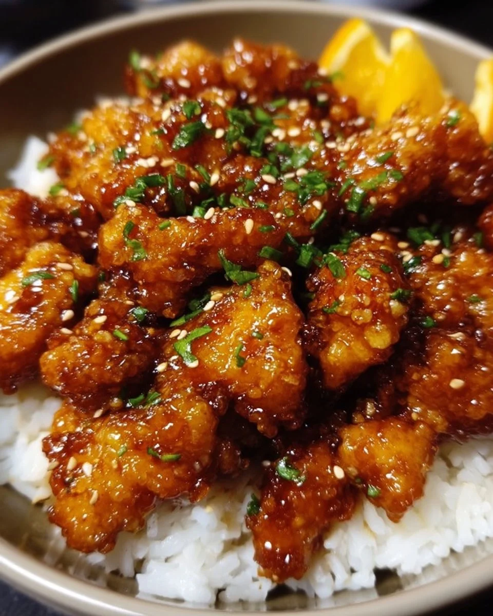 Crockpot orange chicken served with rice and vegetables