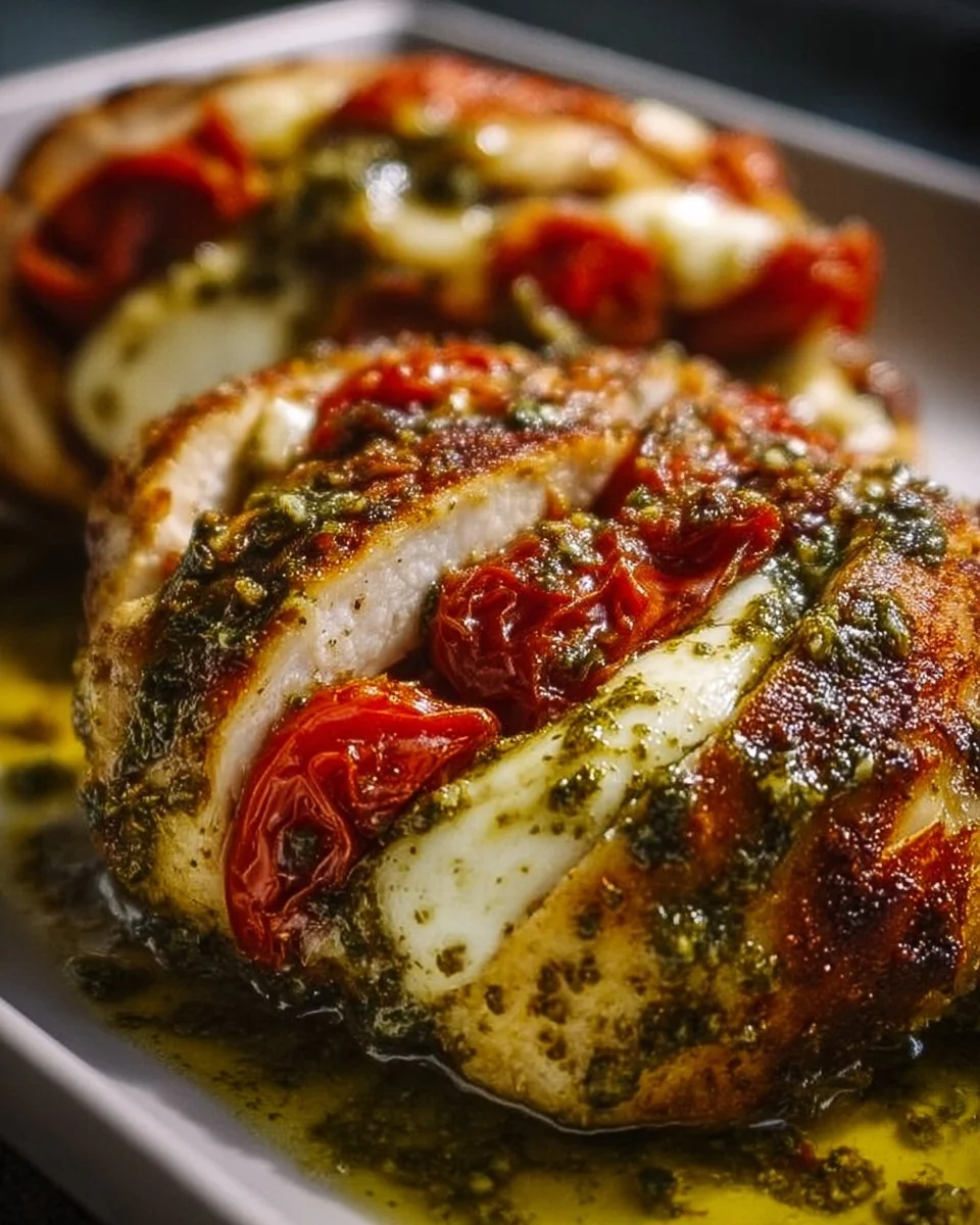 Pesto chicken breasts stuffed with mozzarella and tomatoes for a tasty meal