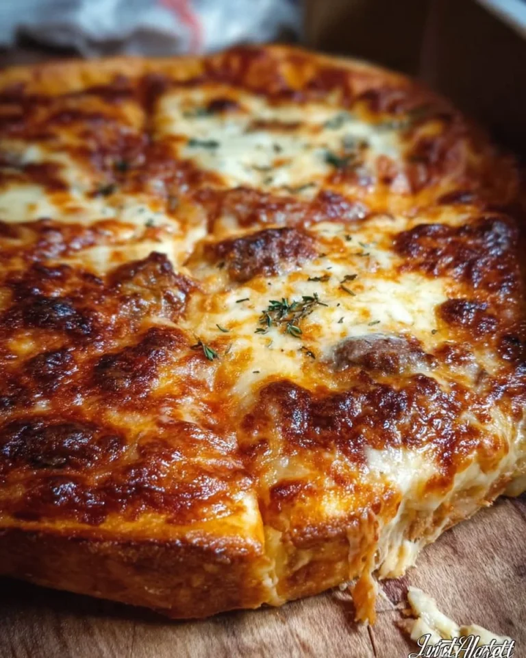 Delicious Pizza Burger Pie featuring pizza crust, burger patty, cheese, and toppings