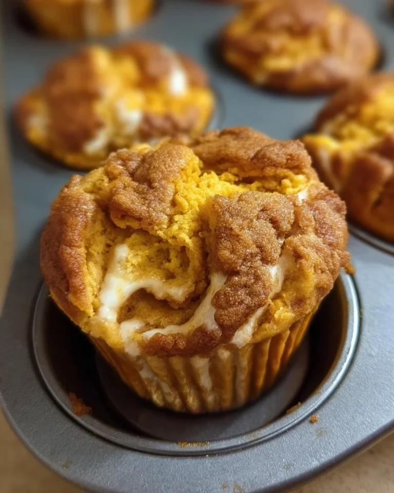 Delicious pumpkin cream cheese swirl muffins on a rustic wooden table