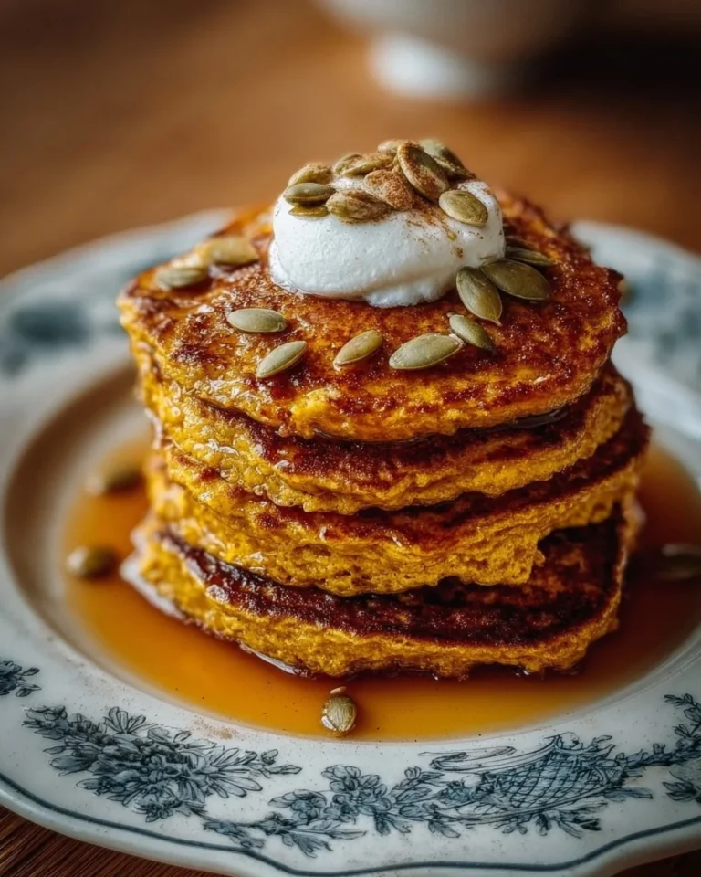 Fluffy pumpkin spice cottage cheese pancakes stacked on a plate