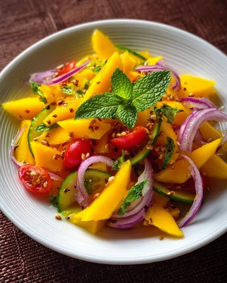 Colorful bowl of refreshing mango salad with fresh fruits and herbs.