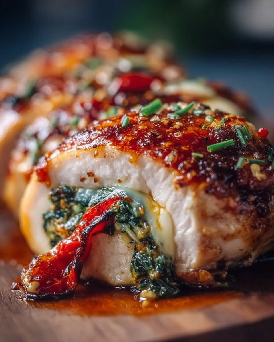 Roasted red pepper, spinach, and mozzarella stuffed chicken plated elegantly.