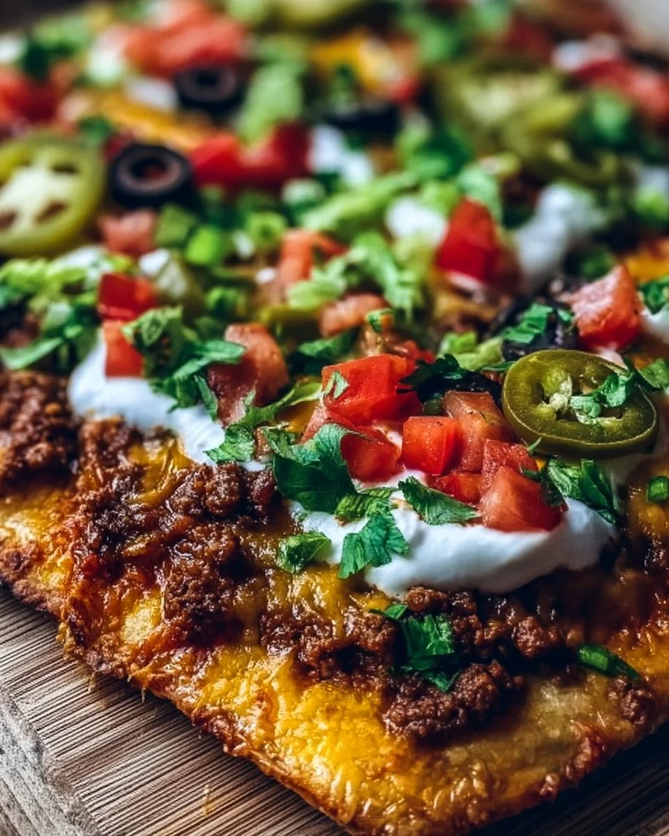 Sheet Pan Taco Pizza topped with beef, cheese, and fresh vegetables