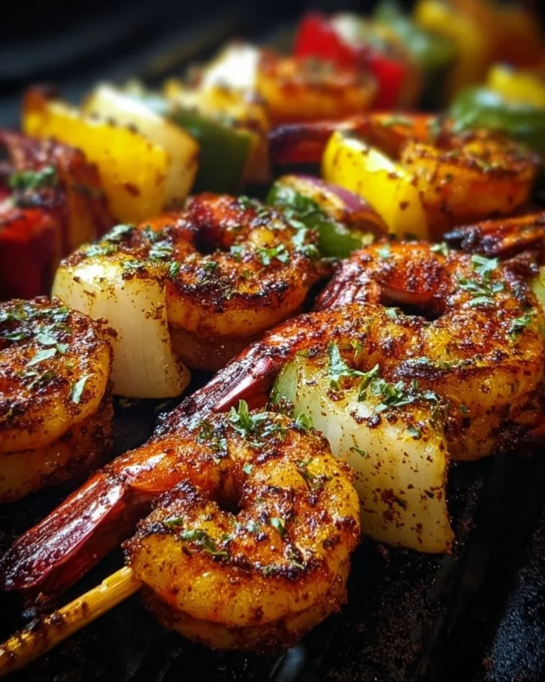 Grilled shrimp kabobs skewered with vegetables on a barbecue grill.