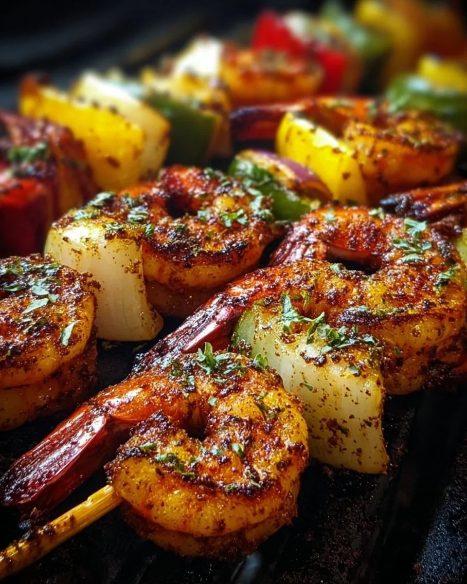 Grilled shrimp kabobs skewered with vegetables on a barbecue grill.