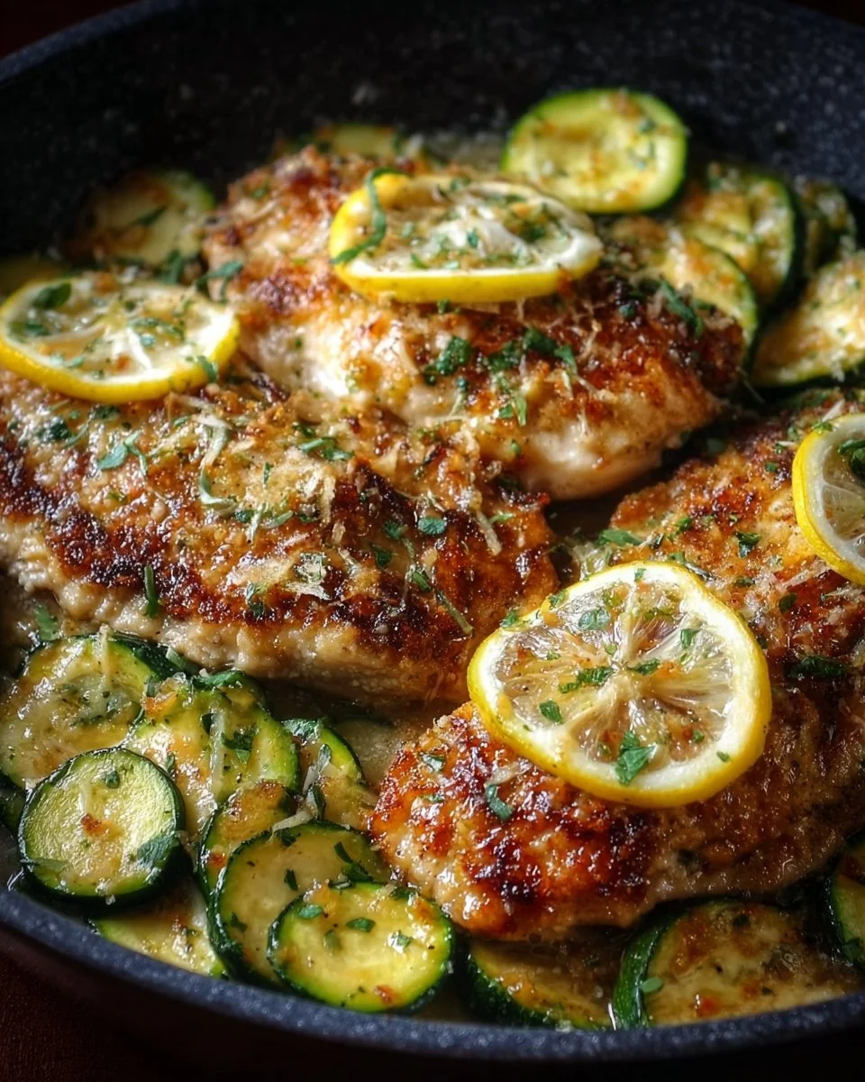 Skillet lemon parmesan chicken served with sautéed zucchini in a pan