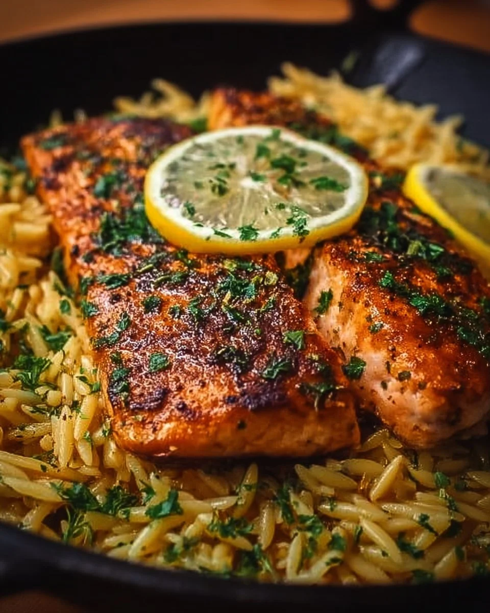 Skillet Salmon served with Lemon Orzo on a white plate