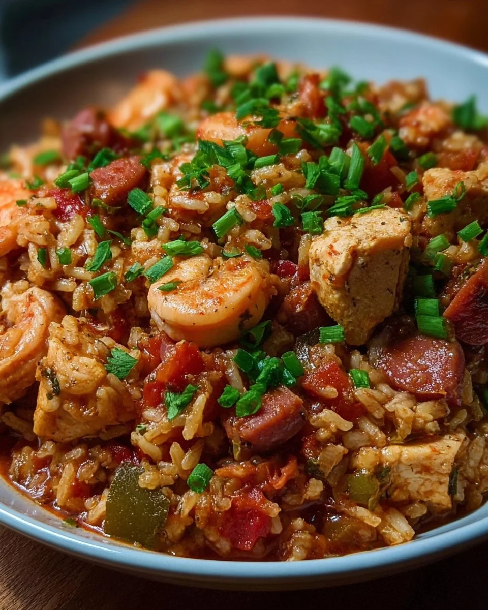 Delicious slow cooker chicken jambalaya served in a vibrant bowl
