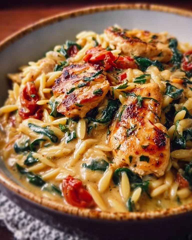 Delicious Slow Cooker Creamy Tuscan Chicken Orzo served in a bowl