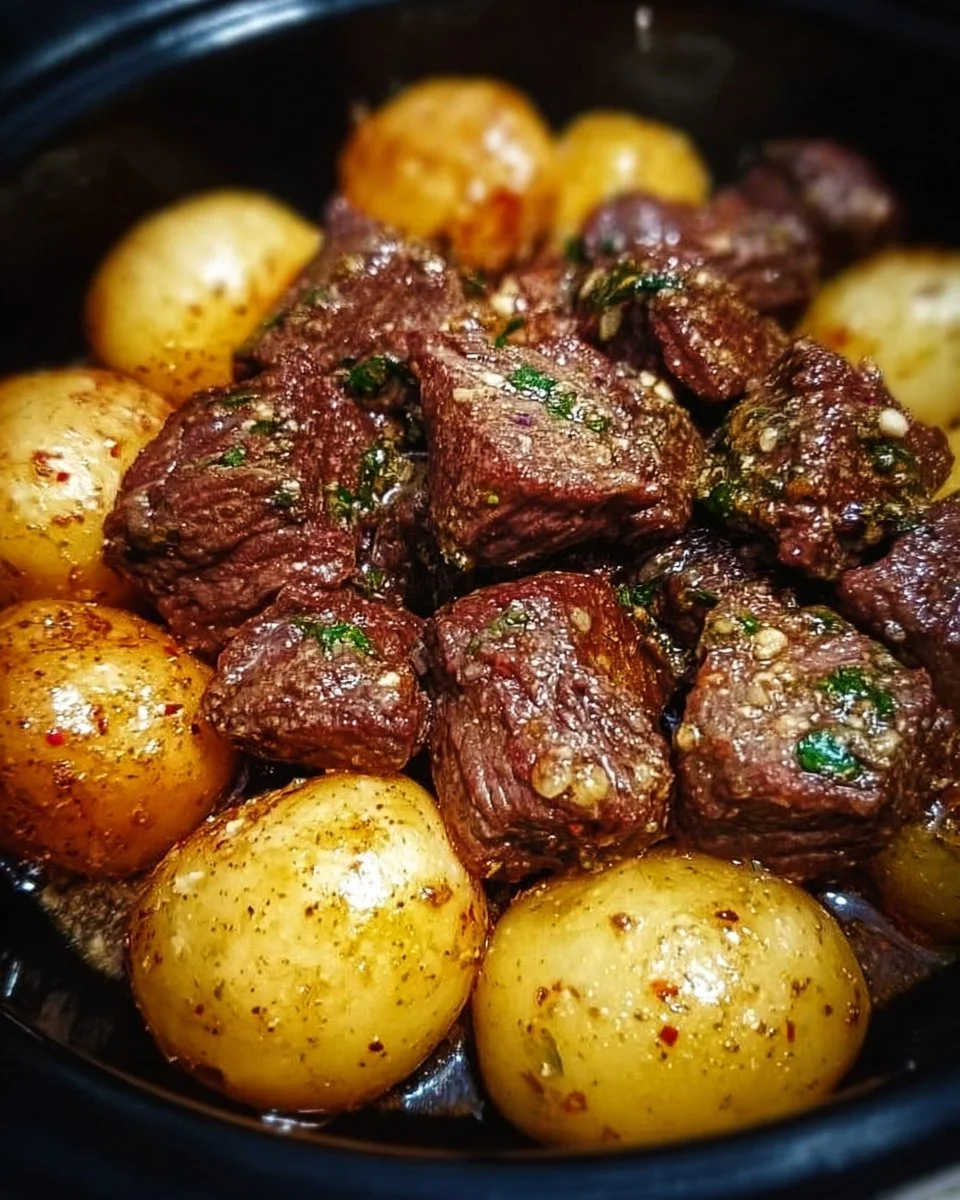 Slow cooker garlic butter beef bites served with potatoes in a flavorful dish