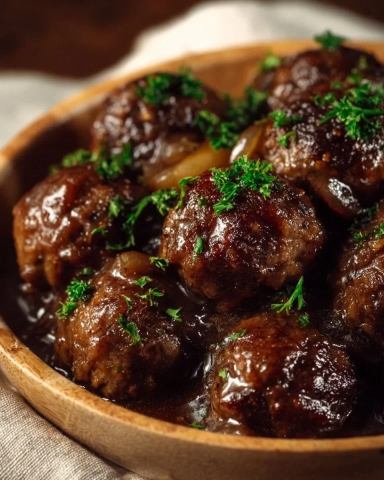 Slow Cooker Salisbury Steak Meatballs served with rich gravy and mashed potatoes.