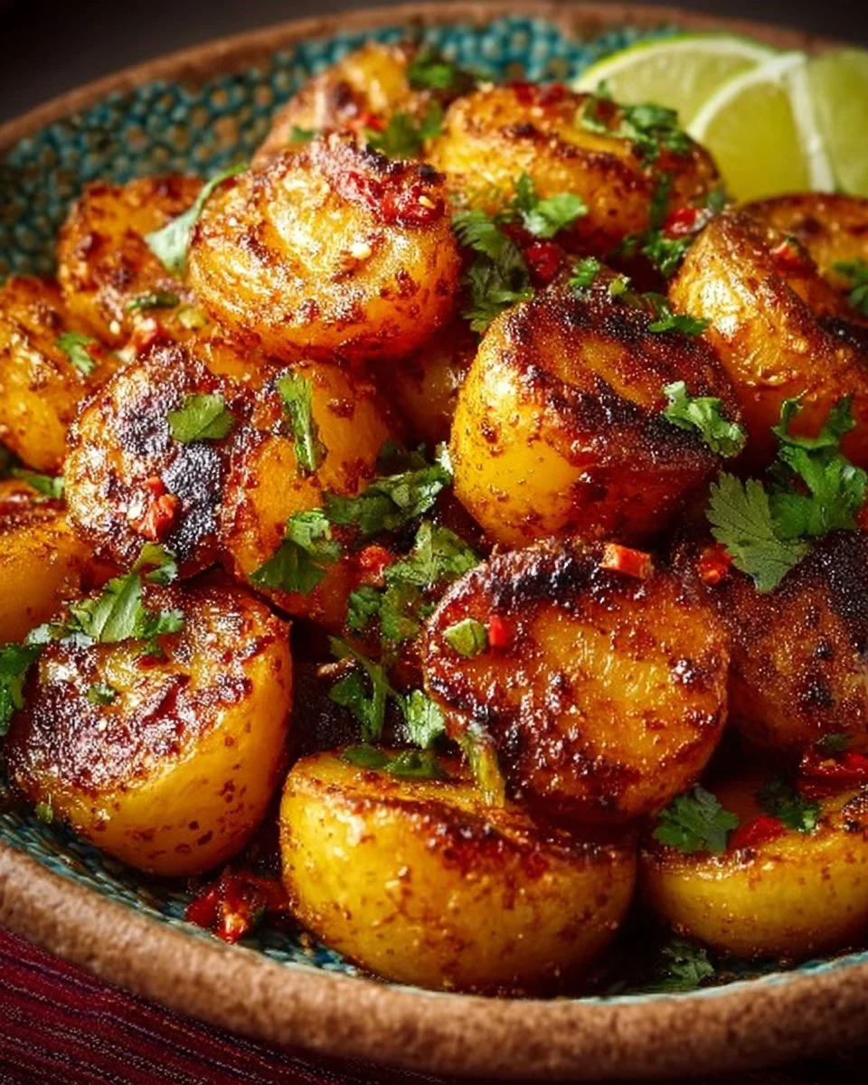 Spicy roasted Mexican potatoes served in a bowl with herbs and spices.