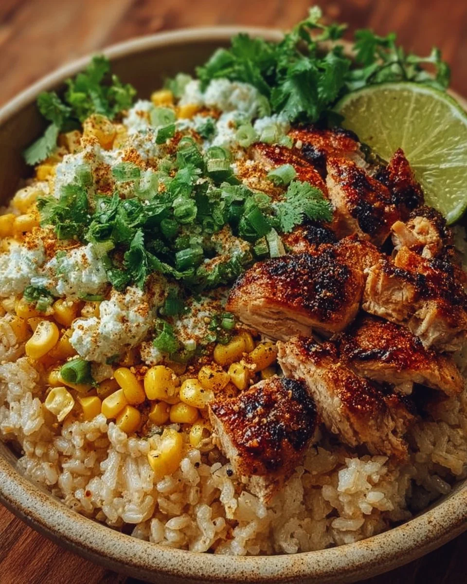 Delicious Street Corn Chicken Rice Bowl with vibrant toppings and fresh ingredients