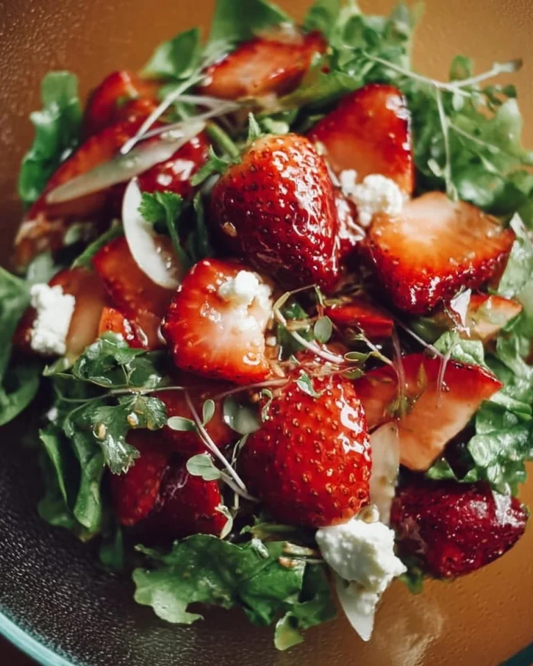 Delicious summer strawberry salad topped with nuts and dressing.