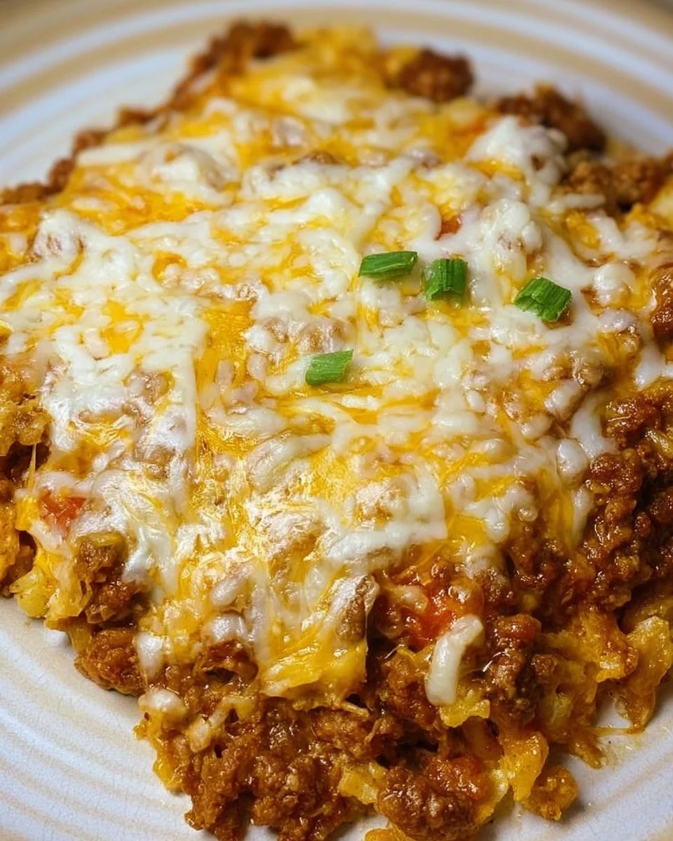 Crispy Walking Taco Bake topped with cheese, beef, and fresh toppings served in a dish.