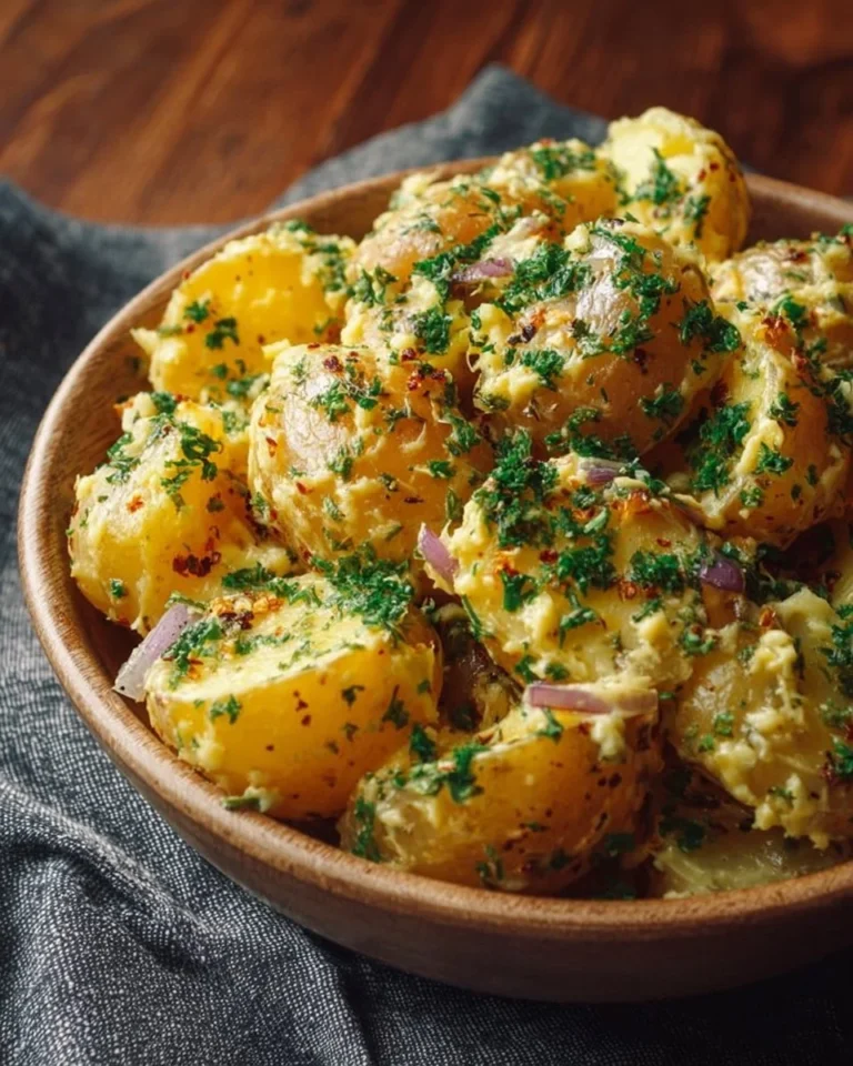 Warm Honey Dijon Potato Salad served in a bowl with fresh herbs