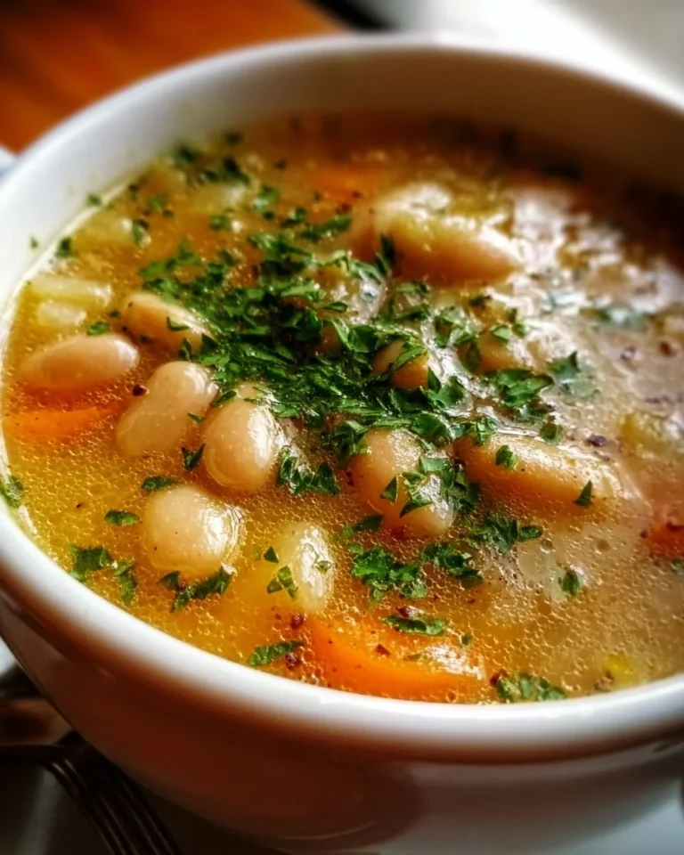 Bowl of creamy white bean soup garnished with herbs and served hot
