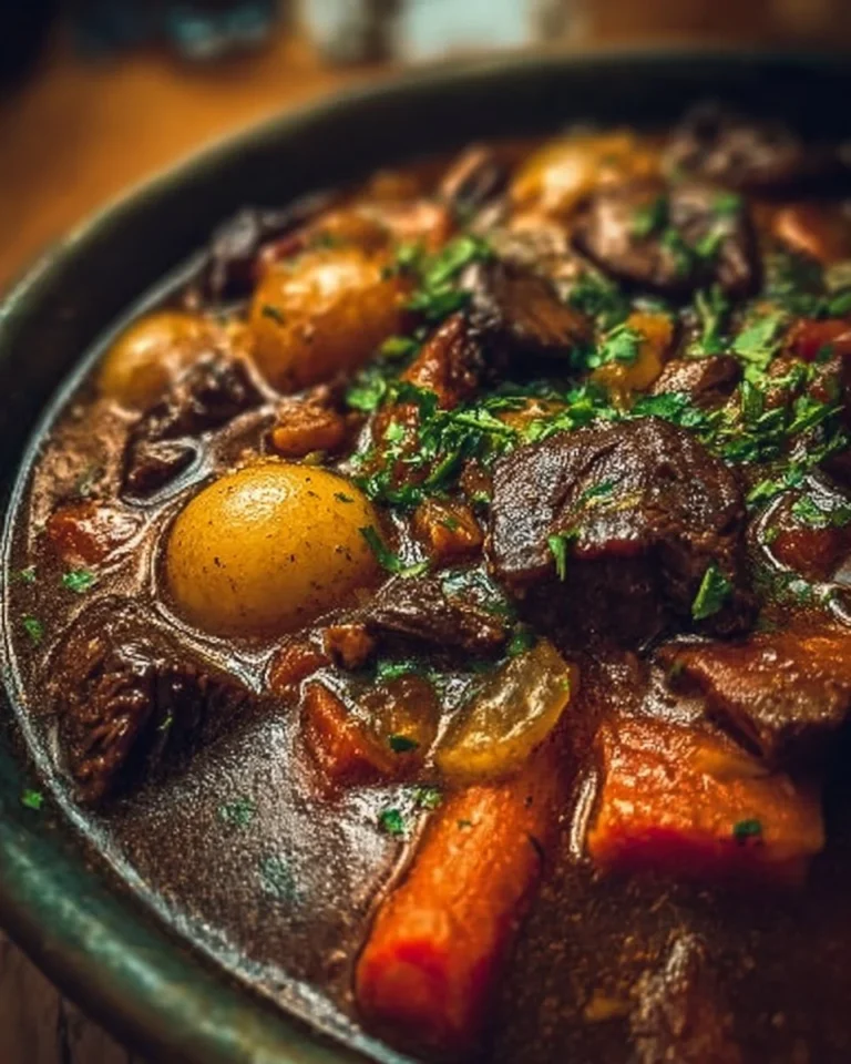 Hearty Witch's Cauldron Beef Stew served in a rustic bowl with vegetables.