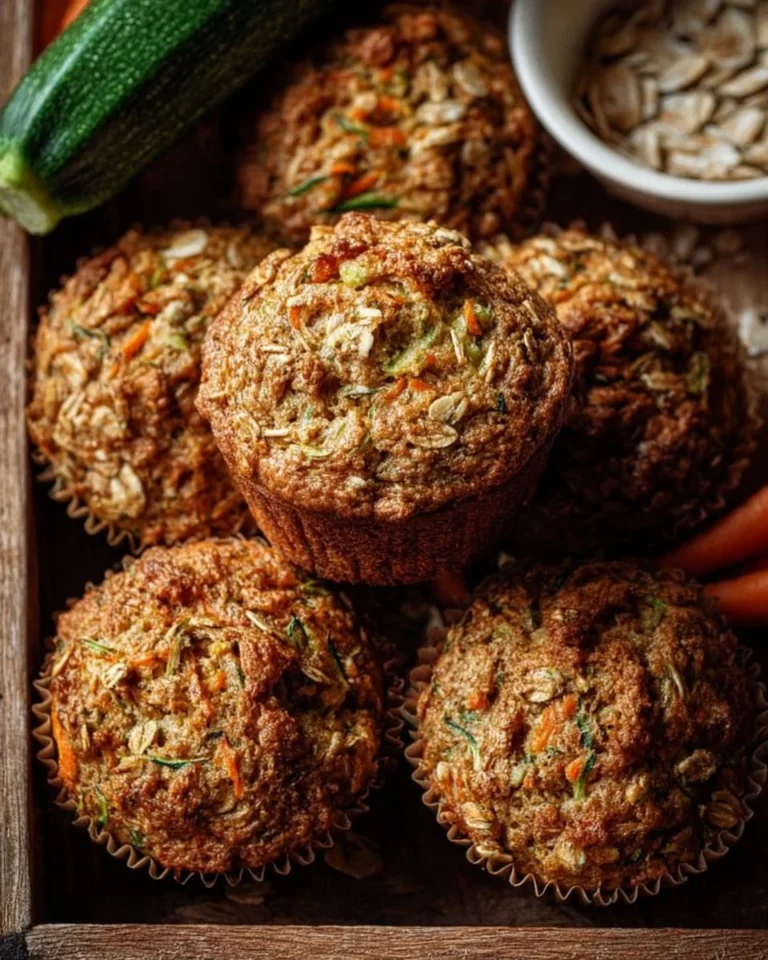 Freshly baked zucchini carrot oatmeal muffins on a wooden table