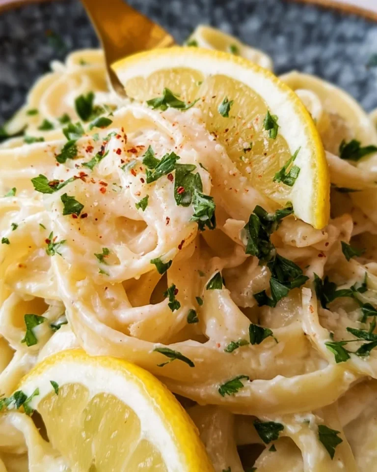 Creamy lemon parmesan pasta dish garnished with herbs and lemon zest