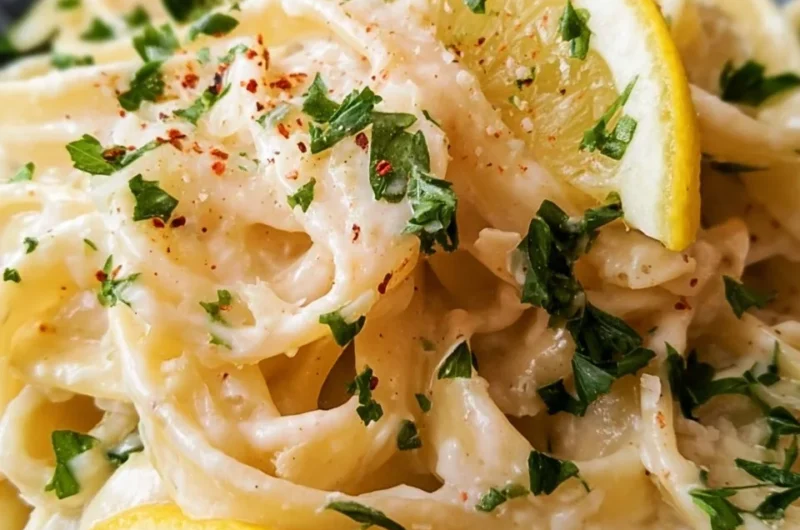 Creamy lemon parmesan pasta dish garnished with herbs and lemon zest