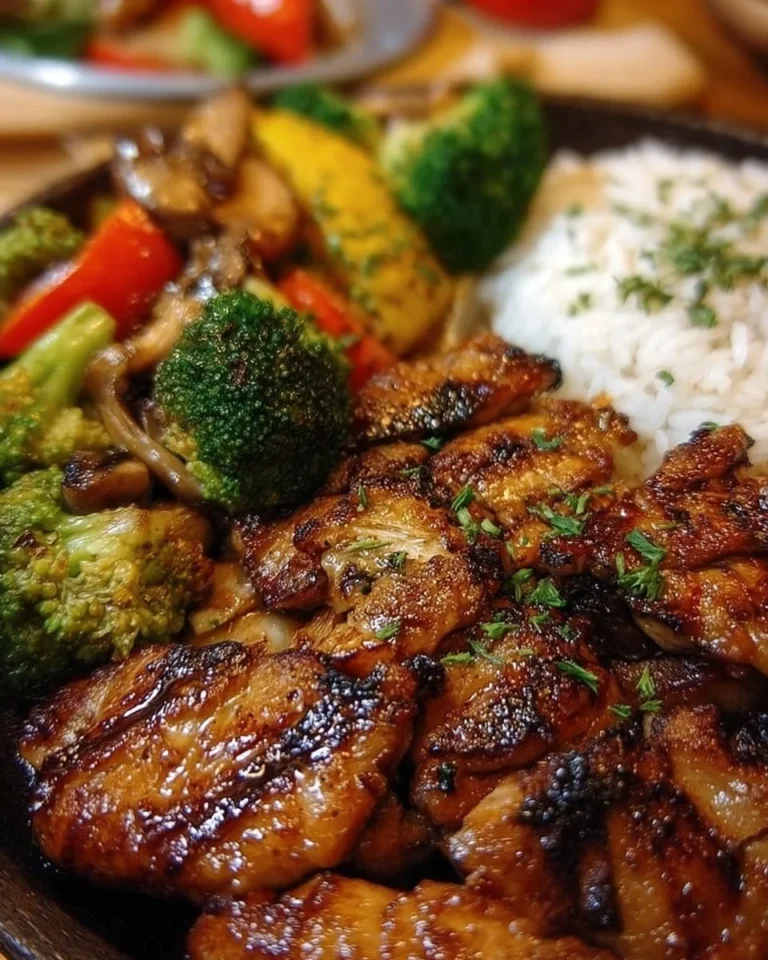 Delicious Blackstone Hibachi Chicken Dinner with grilled vegetables and rice
