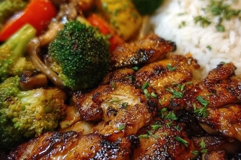 Delicious Blackstone Hibachi Chicken Dinner with grilled vegetables and rice