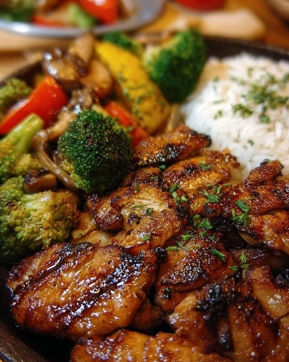 Delicious Blackstone Hibachi Chicken Dinner with grilled vegetables and rice