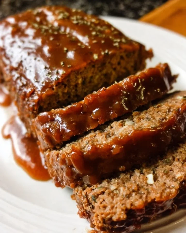 Delicious brown gravy meatloaf served with mashed potatoes