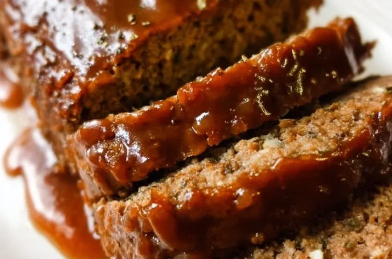 Delicious brown gravy meatloaf served with mashed potatoes