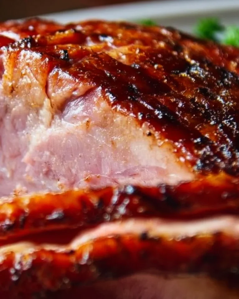 Delicious brown sugar glazed ham served on a festive table.