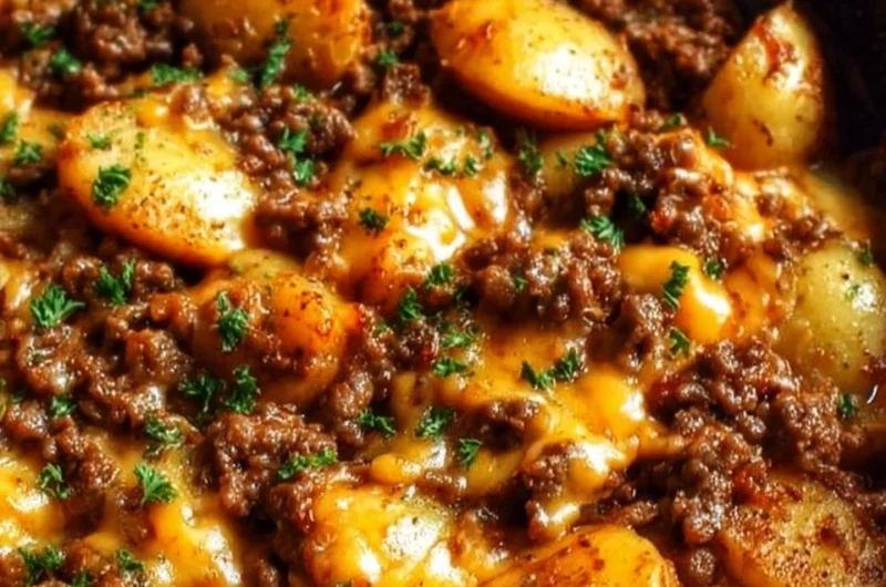 Cheesy ground beef and potatoes skillet meal ready to serve.