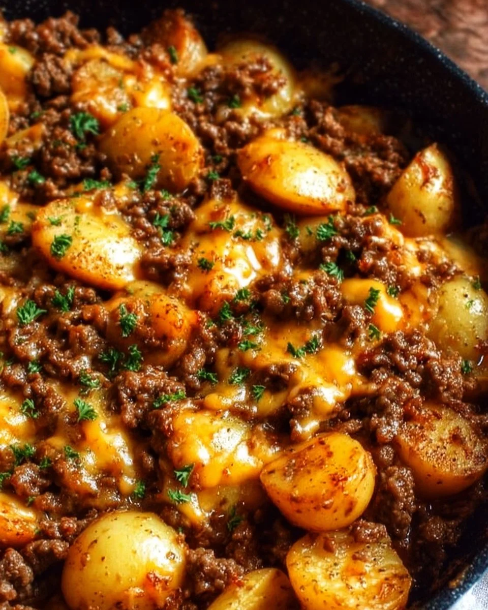 Cheesy ground beef and potatoes skillet meal ready to serve.