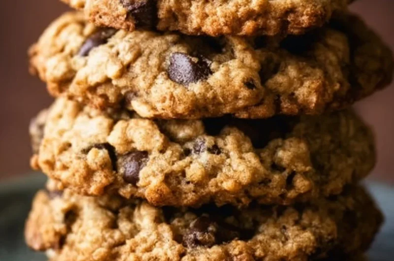 Delicious chewy oatmeal chocolate chip cookies on a plate