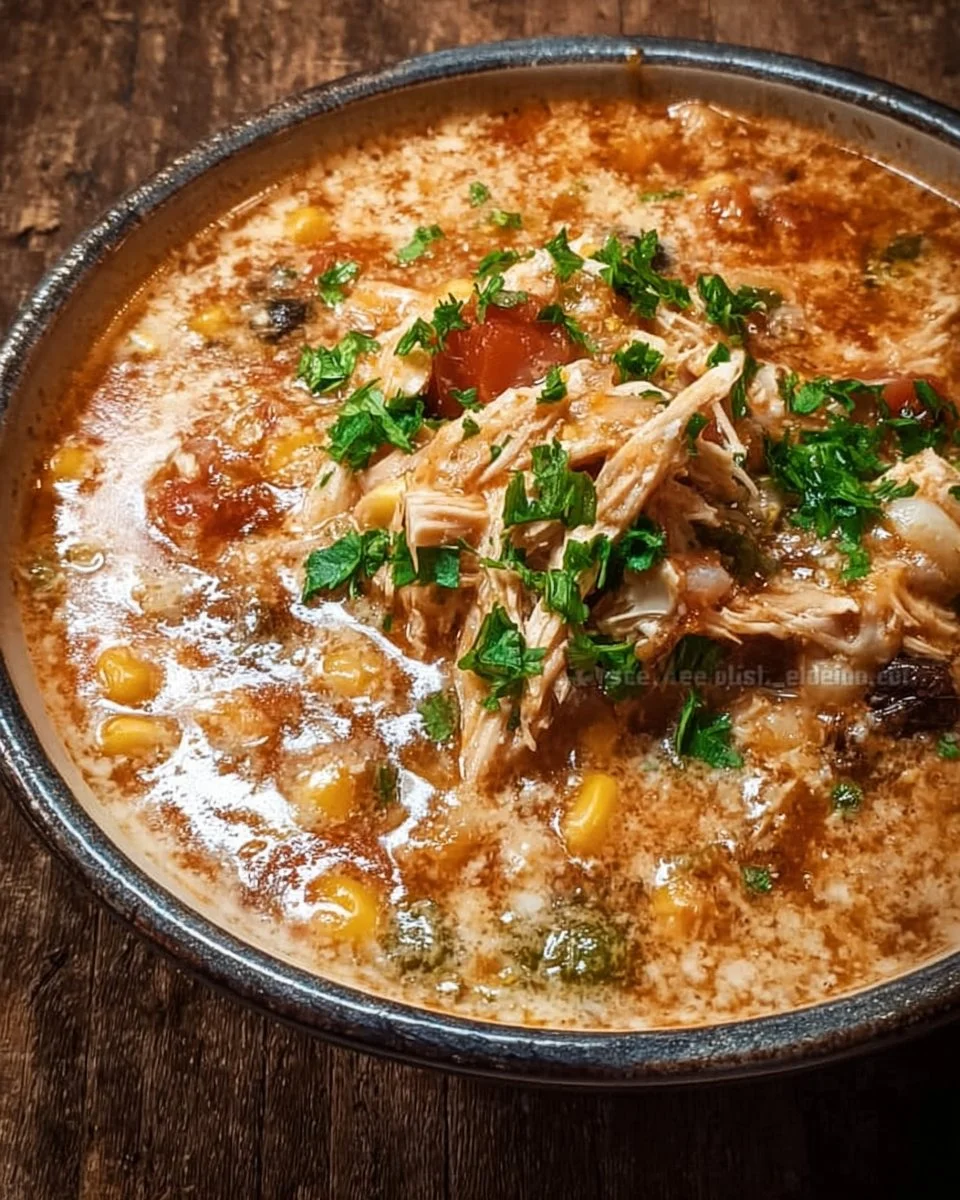Creamy chicken tortilla soup topped with crispy tortilla strips and fresh cilantro
