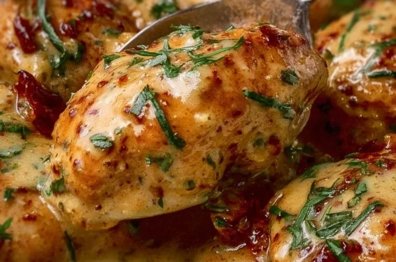 Delicious Creamy Crockpot Marry Me Chicken served on a plate with herbs.