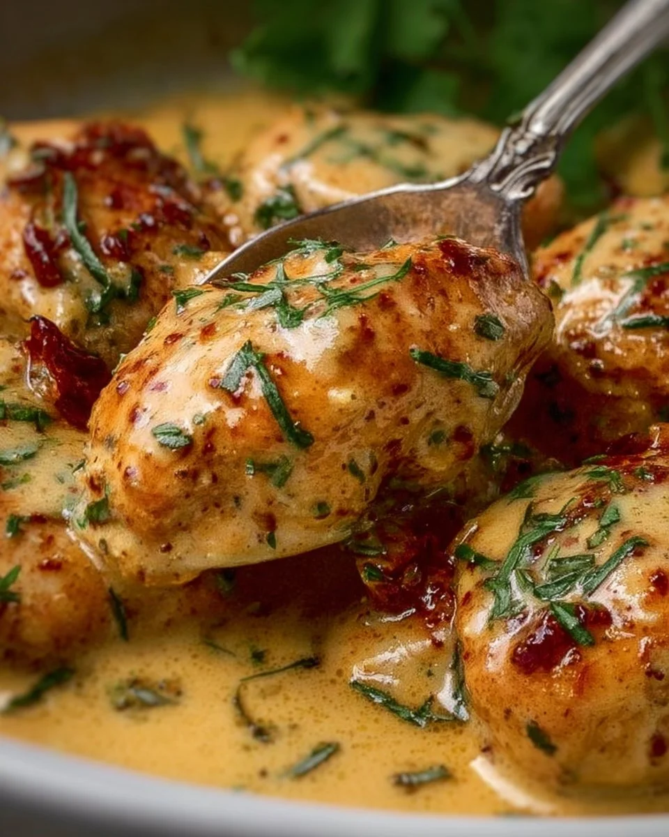 Delicious Creamy Crockpot Marry Me Chicken served on a plate with herbs.