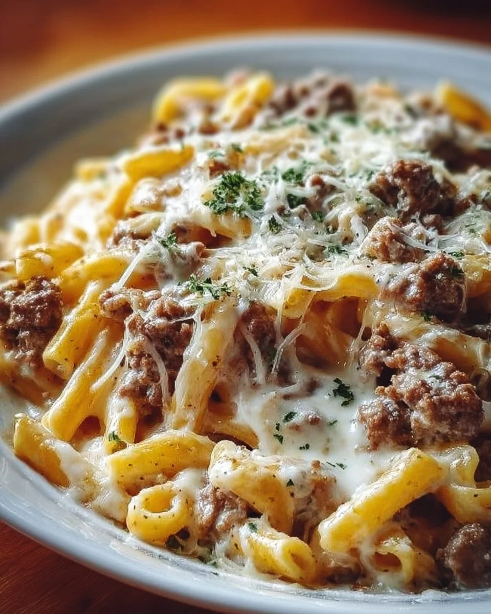 Creamy ground beef Alfredo pasta served in a bowl with parsley garnish