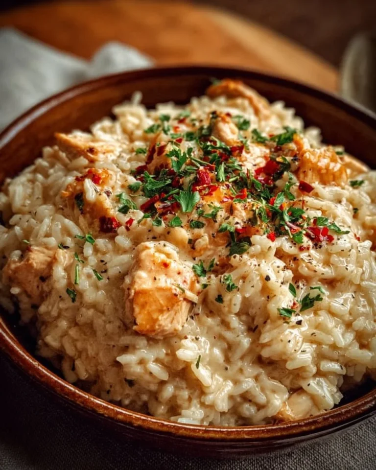 Creamy Instant Pot chicken and rice dish served in a bowl with herbs.