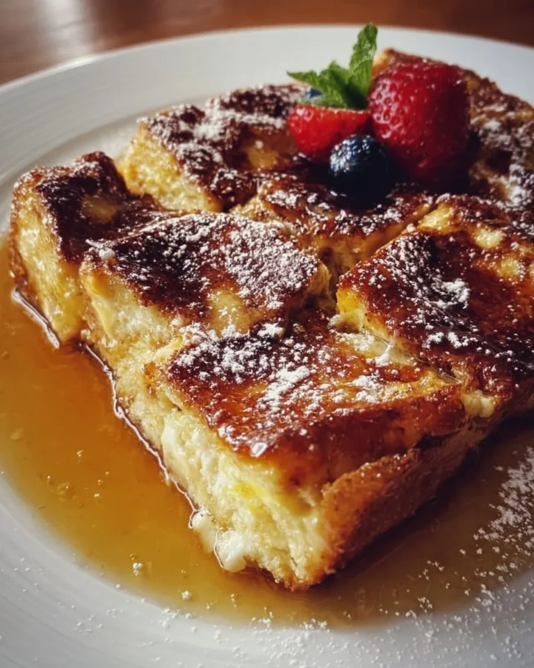 Delicious Crème Brûlée French Toast Casserole topped with caramelized sugar.