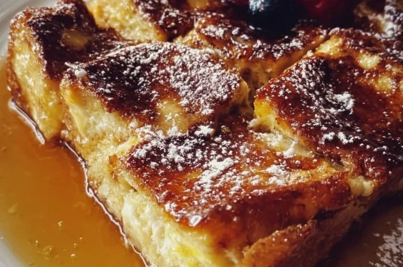 Delicious Cr&egrave;me Br&ucirc;l&eacute;e French Toast Casserole topped with caramelized sugar.