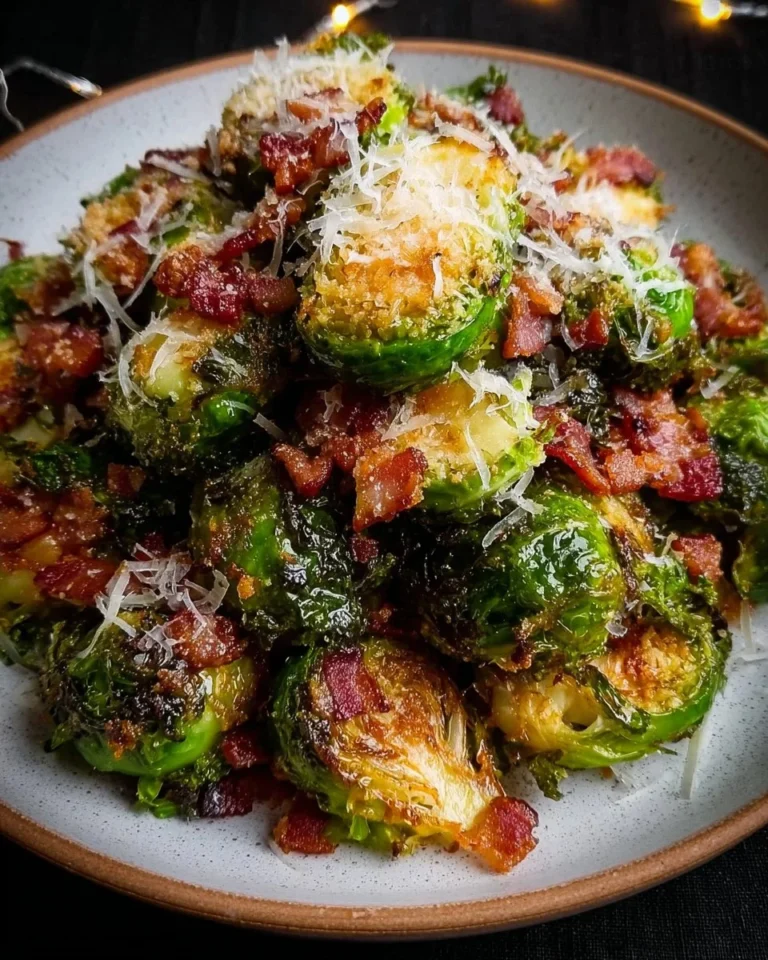 Crispy Parmesan roasted Brussels sprouts with bacon served in a bowl