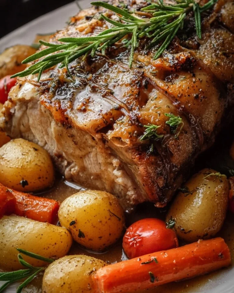 Crockpot pork roast with vegetables and savory gravy served in a bowl