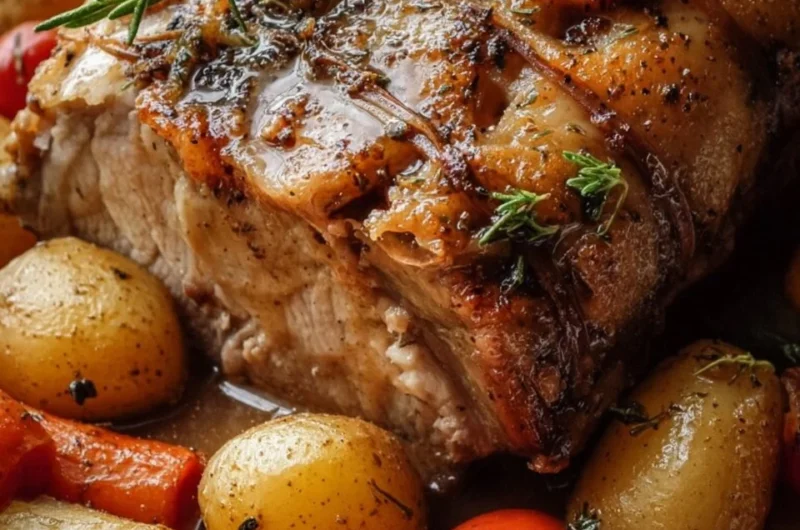 Crockpot pork roast with vegetables and savory gravy served in a bowl