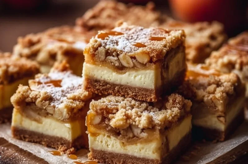 Delicious apple cheesecake bars with buttery shortbread crust on a plate