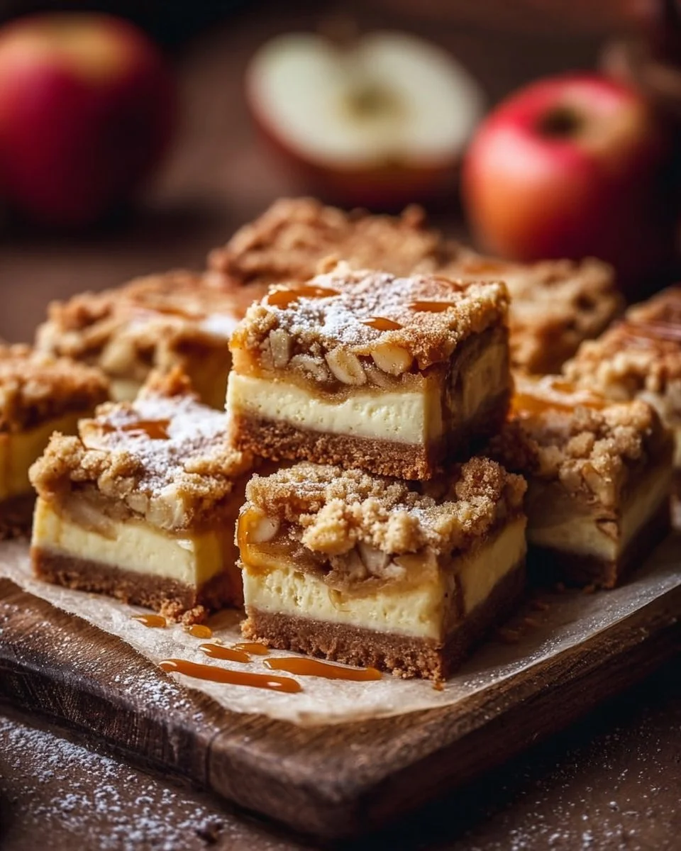 Delicious apple cheesecake bars with buttery shortbread crust on a plate