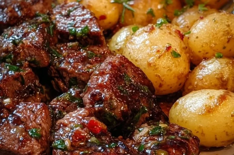Delicious Garlic Butter Steak Bites served with roasted potatoes