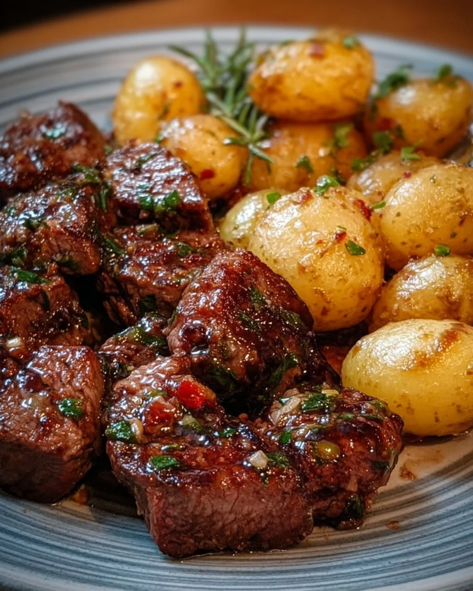 Delicious Garlic Butter Steak Bites served with roasted potatoes